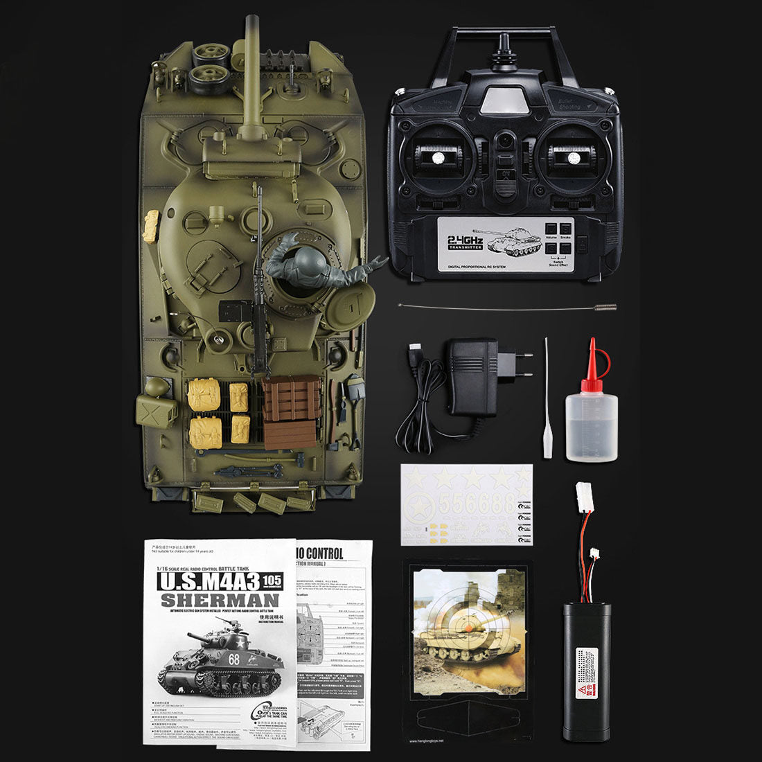 1:16 2.4G American M4A3 Sherman Simulated RC Tank with Light Sound Smoke Shooting Effect
