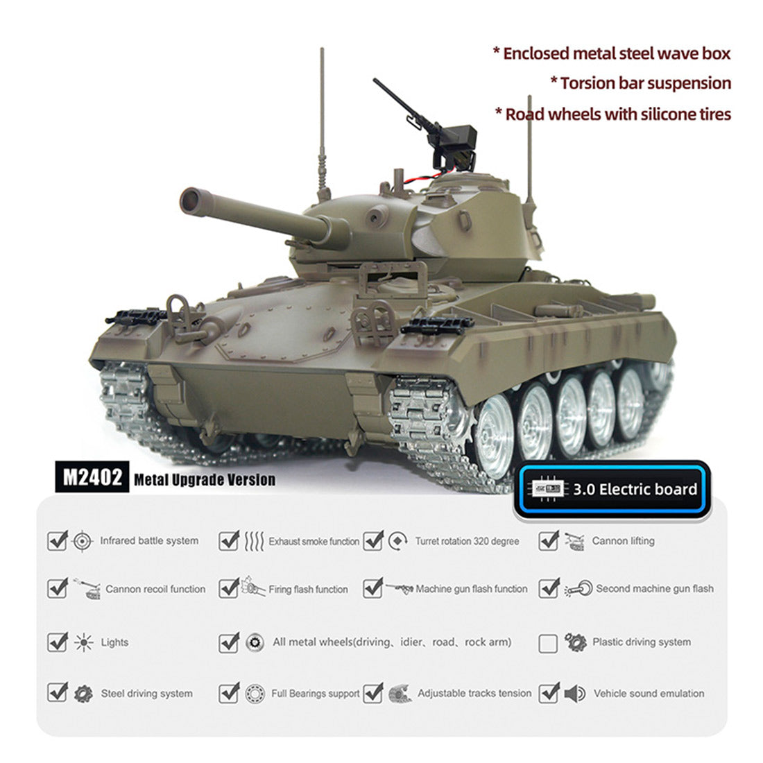 1/16 Scale 2.4G RC US M24 Light Tank Model With Smoke and Sound Effects