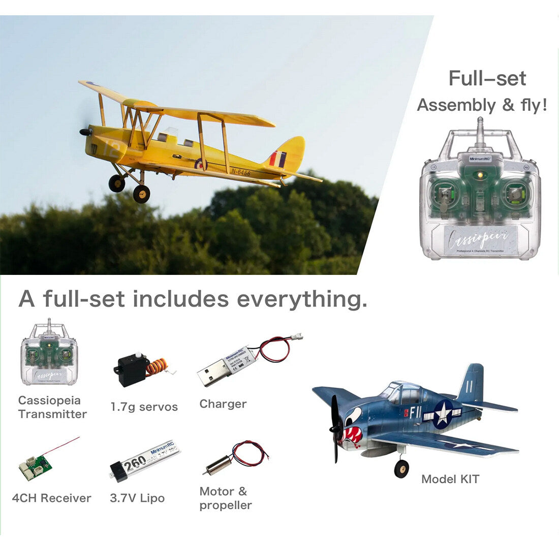 MinimumRC Tigermoth 4CH RC Biplane Mini Fixed-Wing Airplane Model (Finished Kit/Motor Kit)