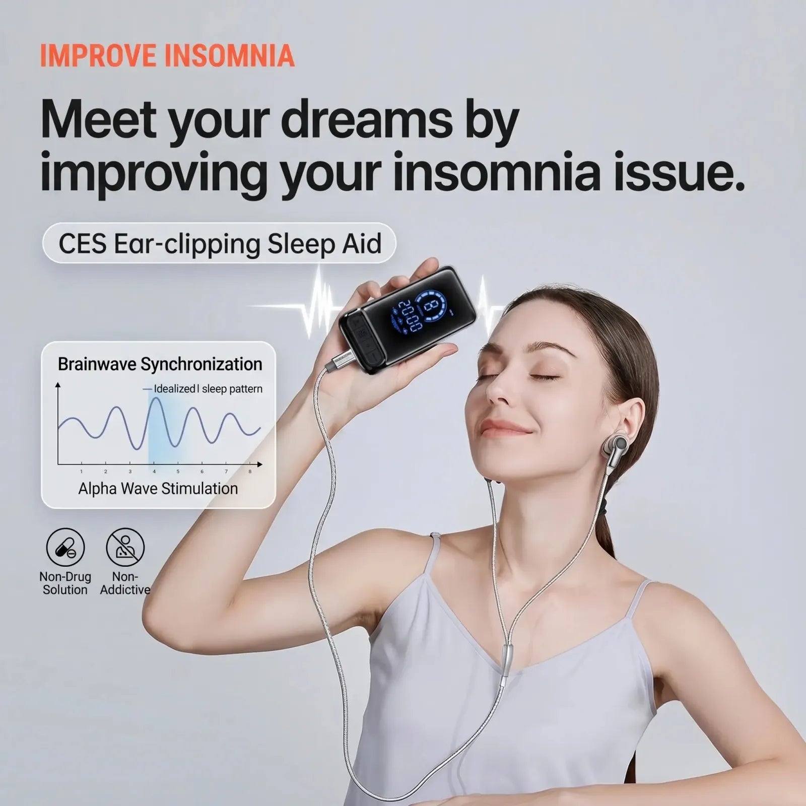 Clip-On Sleep Relaxation Device: Gently clips to your ears and uses soothing micro-current stimulation to help you relax before bedtime.